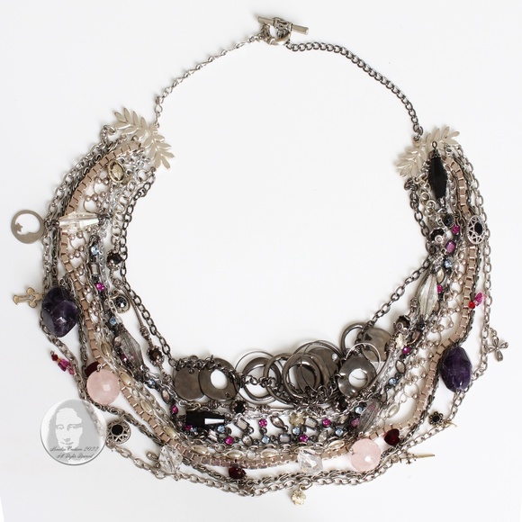 Chunky Necklace Multi-chain Quartz Crystals Charms Upcycled Artisan OOAK - Picture 1 of 9